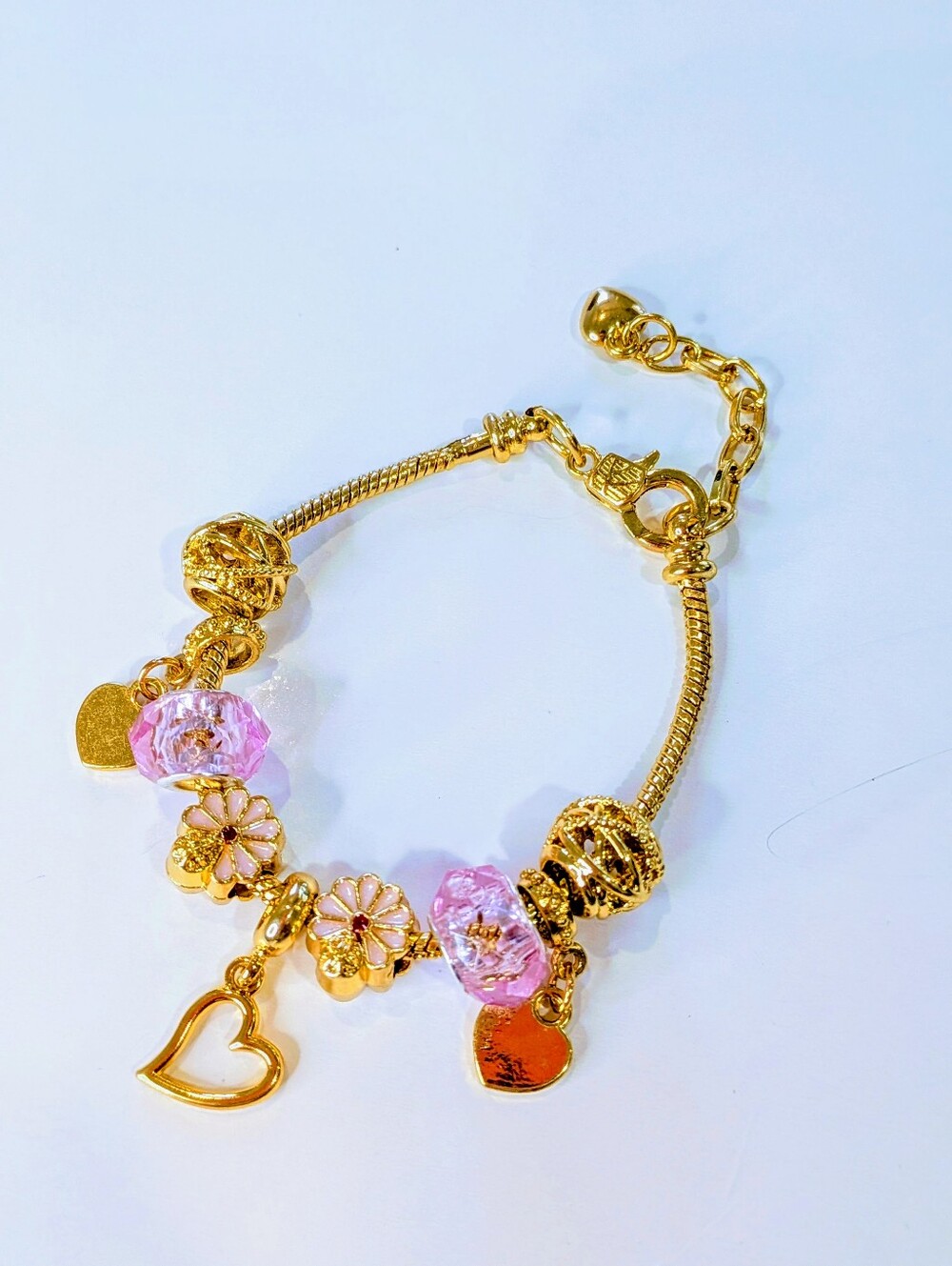 18K Gold Plated European Style Charm Bracelet with Pink Crystal Beads